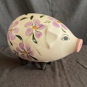 Vintage Ceramic Floral Pig Figurine in Cream with Pink Flowers